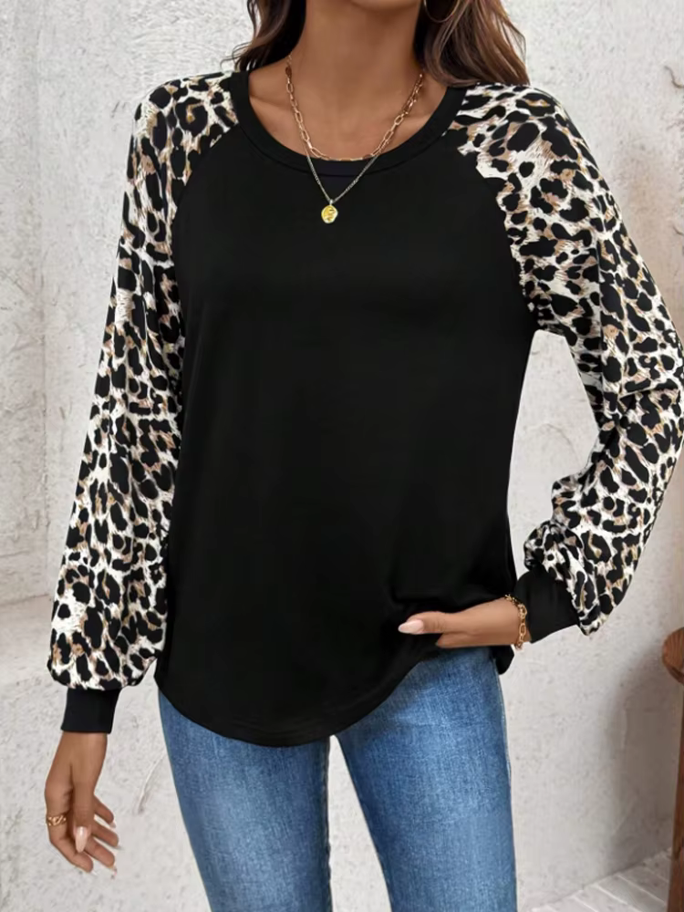 Dames décontracté imprimé léopard épissure à manches longues noir T-Shirt printemps automne mode mot