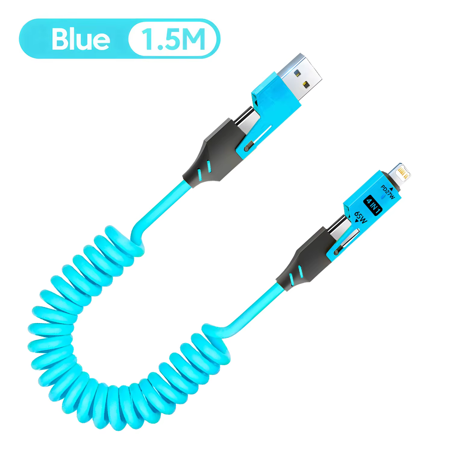 65W 4 en 1 câble de données court à ressort 6A USB Type C ressort télescopique chargeur rapide fil r