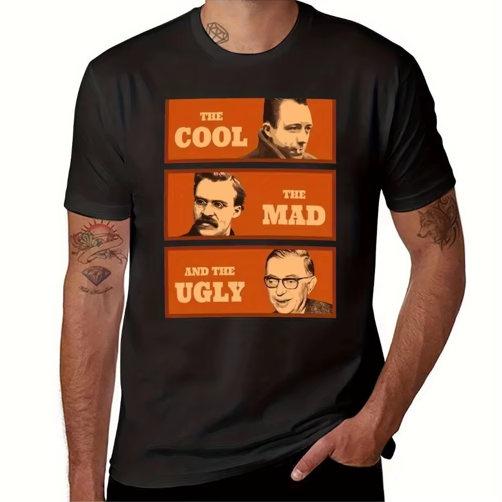 T-shirt Homme Printemps/Été en Tissu Lourd à Motif Camus Nietzsche Sartre, Noir avec Design Géométri