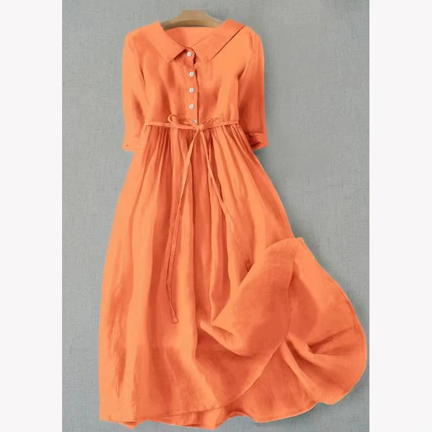 Printemps été nouveaux vêtements pour femmes couleur unie revers cinq quarts manches robe coton lin 