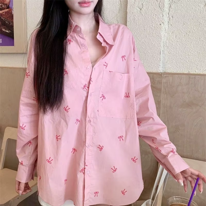 Chemisier rose imprimé nœud papillon pour femme, style streetwear ample et oversize, chemise-veste à