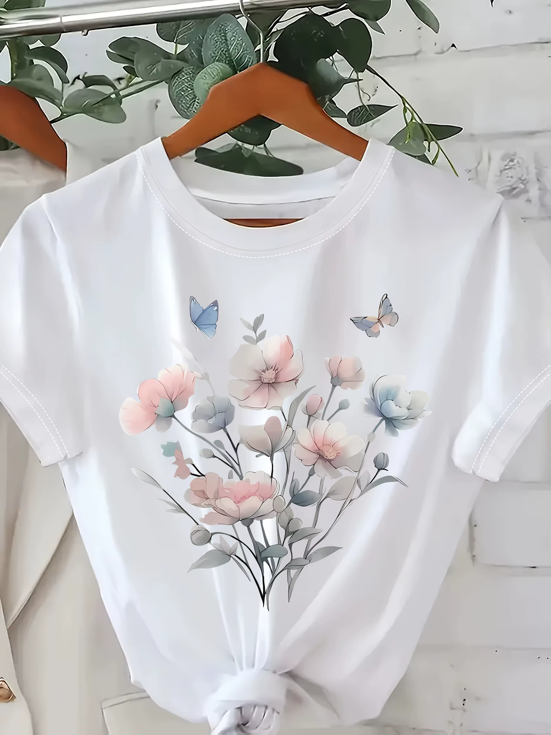 T-shirt à imprimé floral pour femme, haut rose pastel avec motif floral, léger, pour les tenues de t