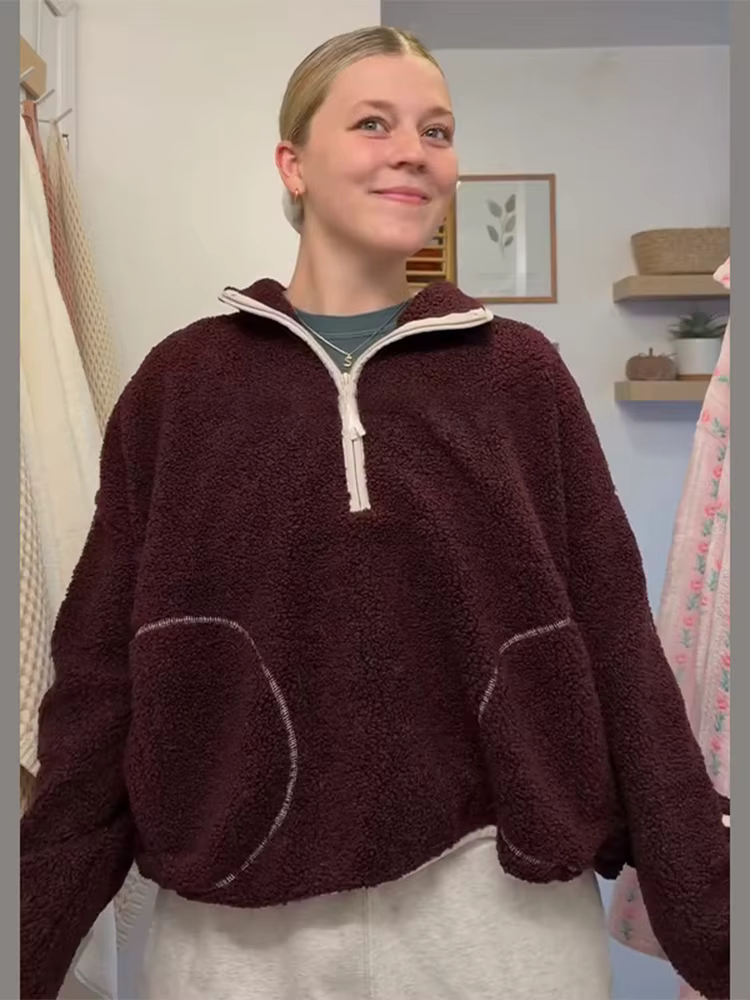 Sweat à capuche Sherpa à panneaux demi-fermeture éclair pour femmes, col rabattu, manches longues, m