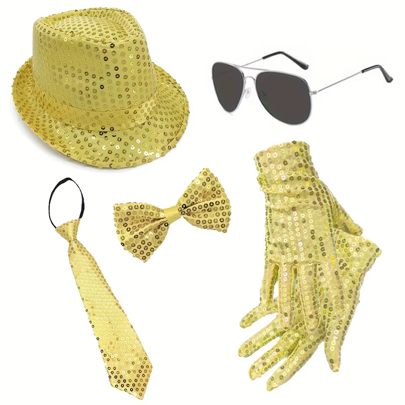 Ensemble de costumes disco pour hommes des années 70, chapeau à paillettes, lunettes de soleil, nœud