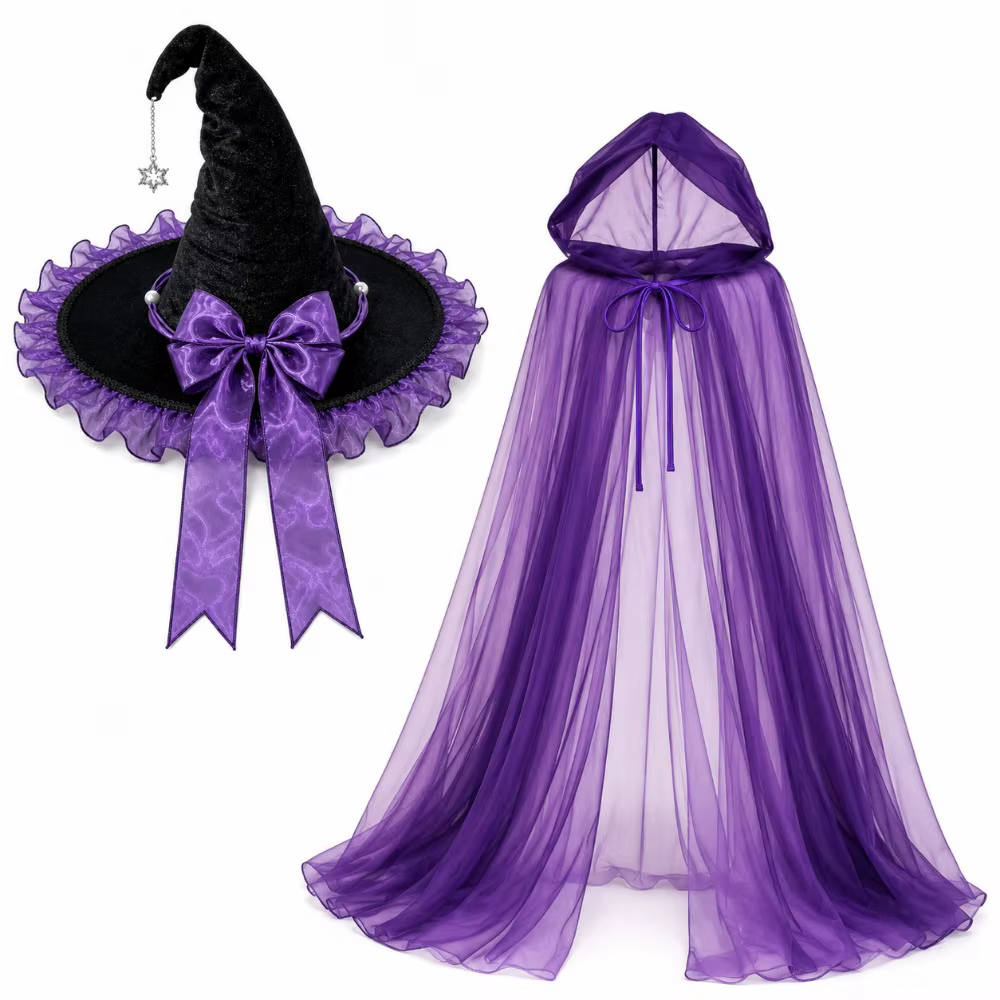 Ensemble Chapeau de Sorcière et Cape pour Jeu de Rôle Halloween, Chapeau de Sorcière à Capuche en Ma