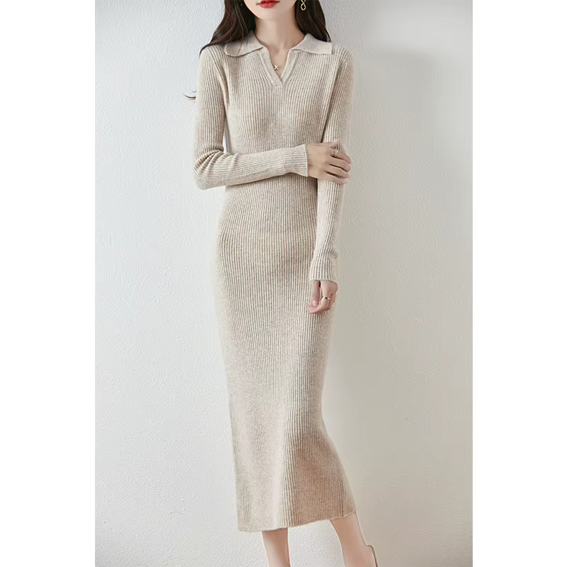 Robe Tricotée en Laine Mérinos pour Femme, Décontractée, Chaude, Revers, Longue, Nouvelle Collection