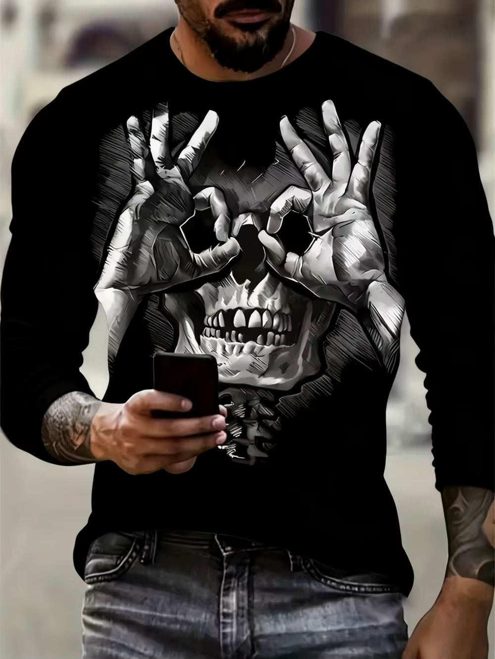 T-Shirts à manches longues pour hommes, avec image de crâne, squelette imprimé en 3D, t-shirt de rue