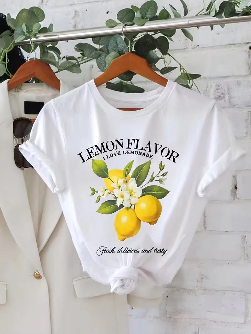 T-shirt imprimé citron pour femme – Manches courtes légères et respirantes, blanc avec motif citron 