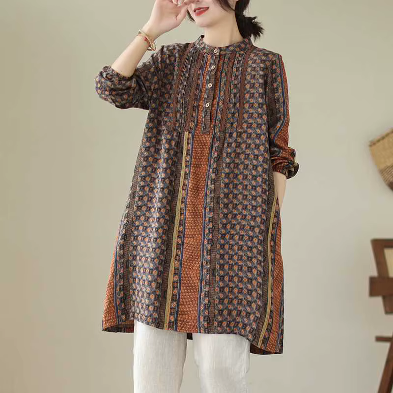 Chemises décontractées pour femmes de style ethnique, imprimé vintage, manches longues, robe chemise