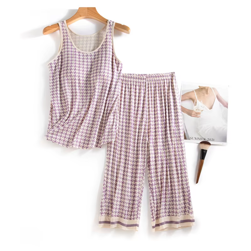 Pyjama pour femme, vêtements de maison, nouveau haut sans manches en modal, pantalon capri, ensemble
