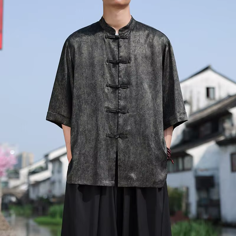 Chemise surdimensionnée à manches 3/4 pour hommes, Style chinois, coupe ample, haut d'été décontract