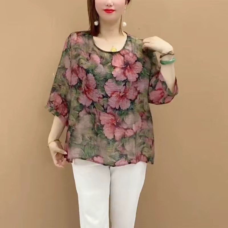 Chemisier Vintage à Manches Mi-sulfet Col Rond pour Femme, Vêtement Décontracté, Imprimé Floral Folk