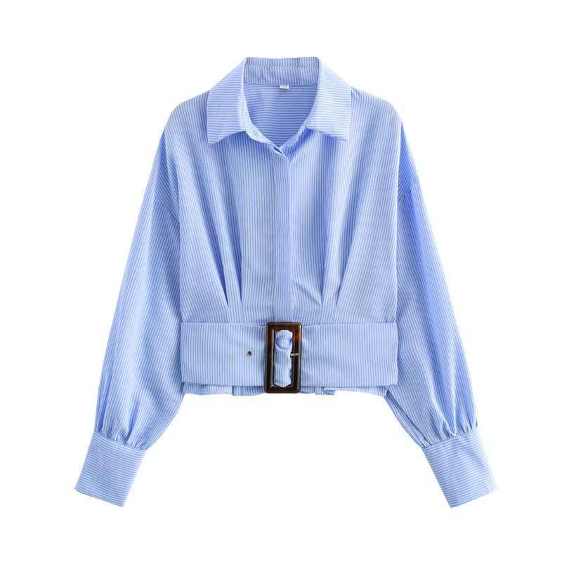 Chemise à manches longues rayée bleue, taille cintrée, design tendance, nouvelle collection femme, h