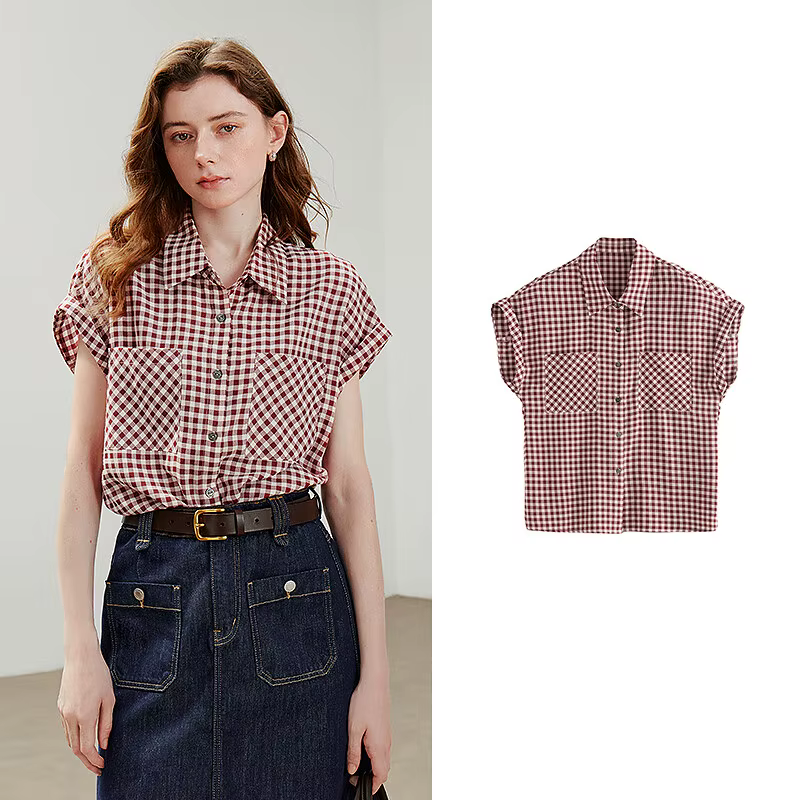 TOYOUTH femmes Blouse chemise 2025 été nouveau rétro Plaid à manches courtes décontracté polyvalent 