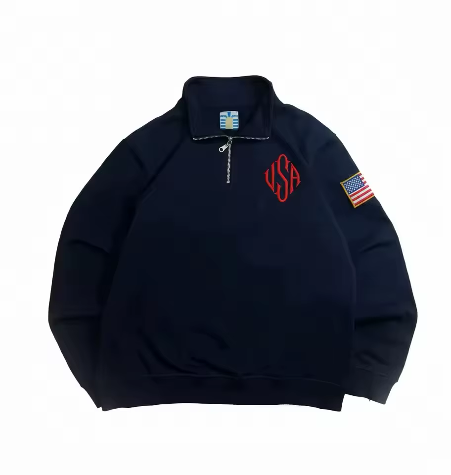 Sweat-shirt rétro Y2K Pitt avec broderie drapeau américain, col montant, quart de zip, pull streetwe