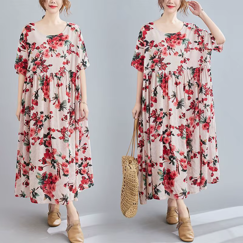 Robe Longue à Manches Courtes et Col Rond pour Femme Vêtement à la Mode, Style Folk, Fleurs Cassées,