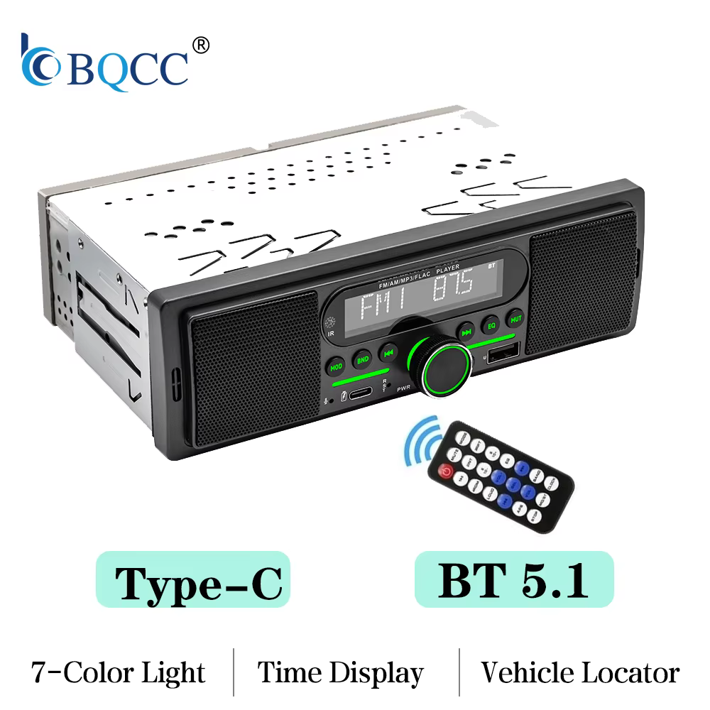 Autoradio MP3 BQCC 1Din avec lumières LED 7 couleurs, FM AM, Bluetooth, USB, AUX, haut-parleurs inté