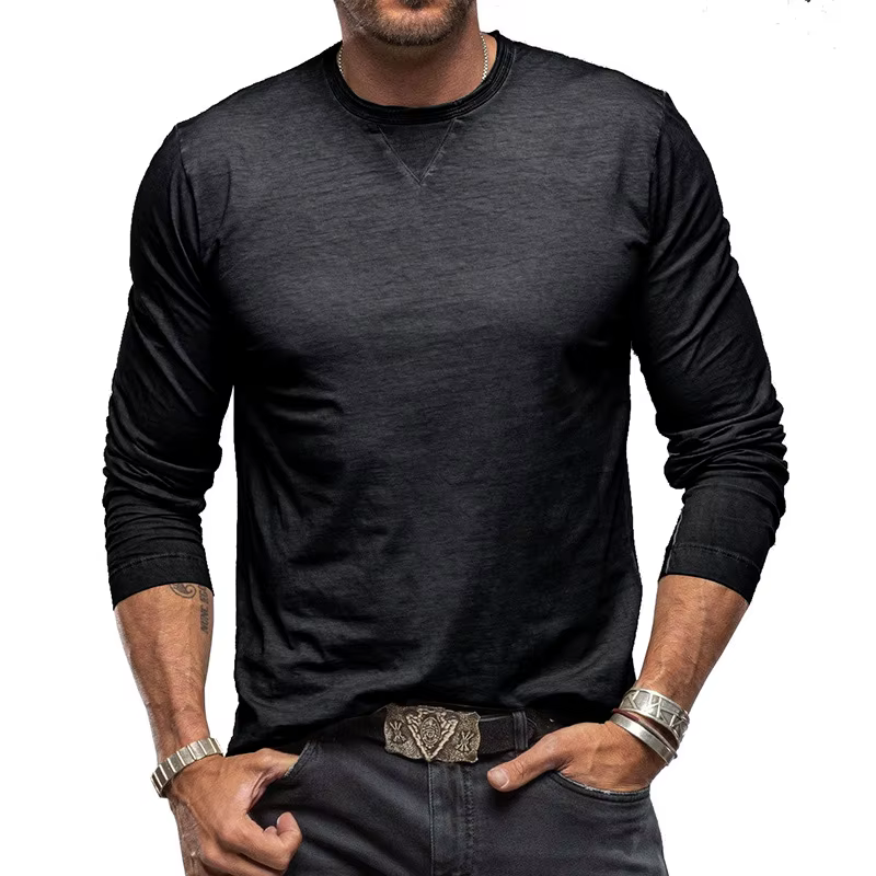 T-shirts à manches longues et col rond pour hommes, couleur unie, en pur coton, pull de Base, vêteme