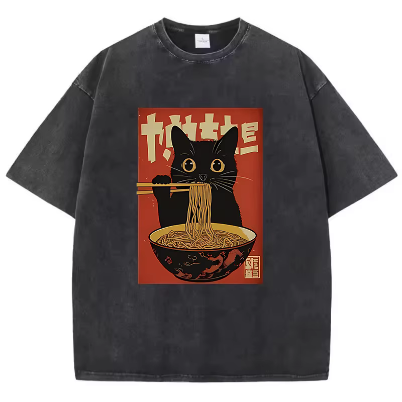 T-Shirt Vintage lavé 100% coton T-Shirt noir rétro chat mangeant Ramen graphique T-Shirt décontracté