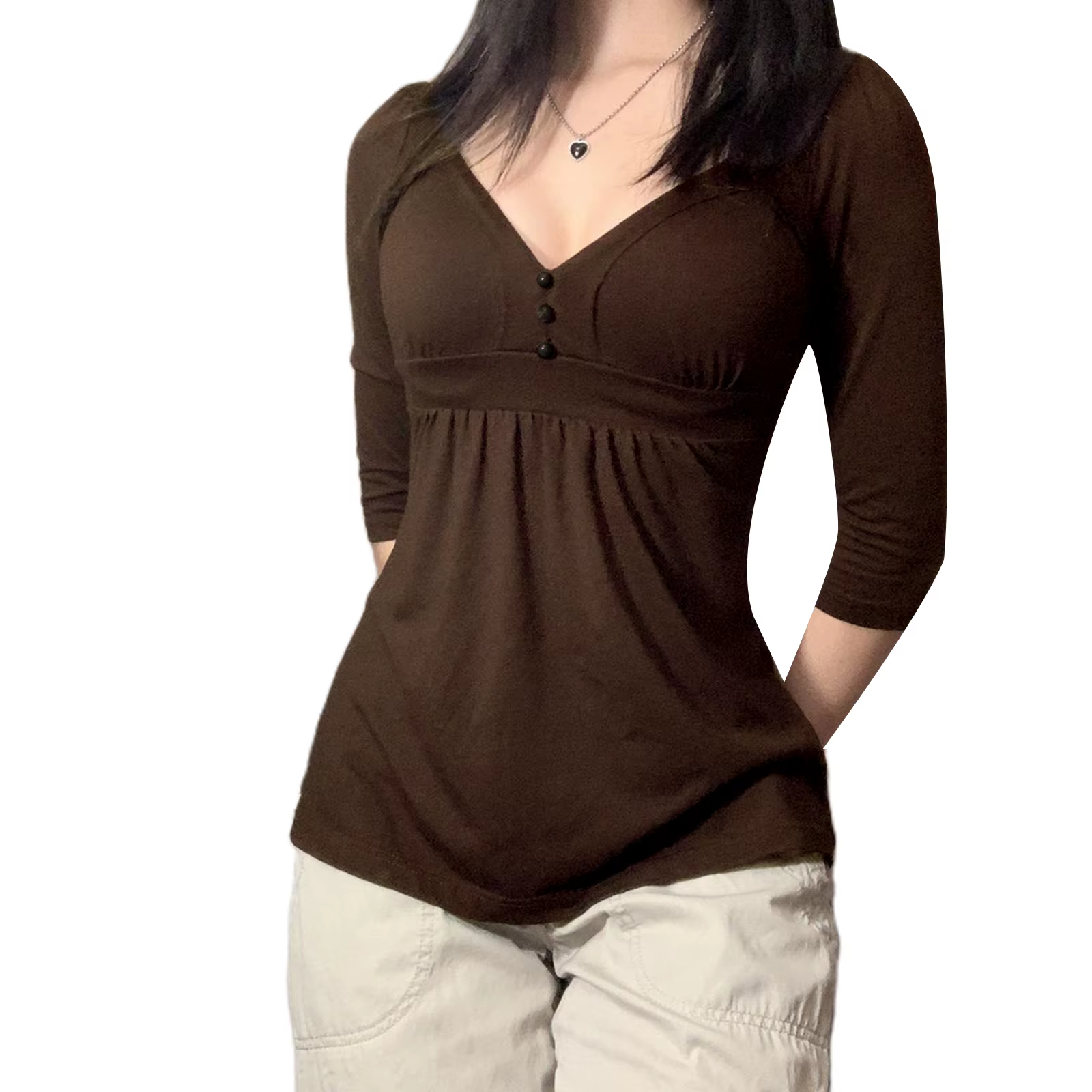 Chemise à manches longues et col en V pour femmes, chemise à boutons, ourlet de poitrine, t-shirt en