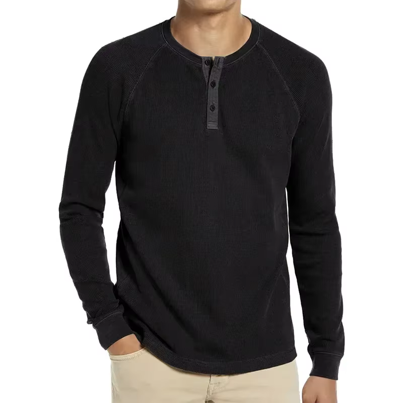T-shirts gaufrés à manches longues pour hommes, chemises à la mode, col rond, boutons solides, hauts
