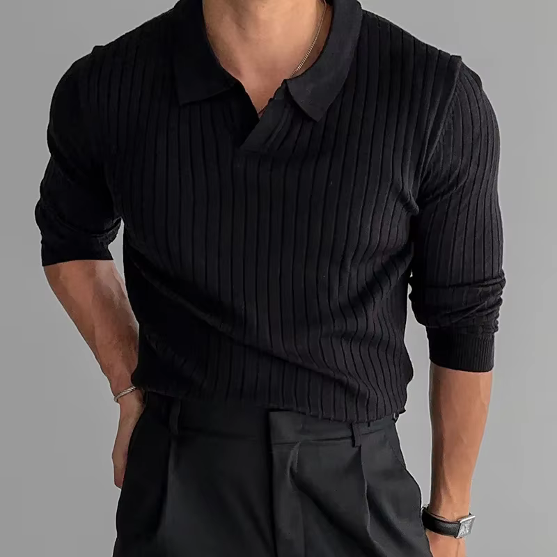 Polo tricoté côtelé blanc pour hommes, manches longues, haut en tricot décontracté, coupe cintrée, c