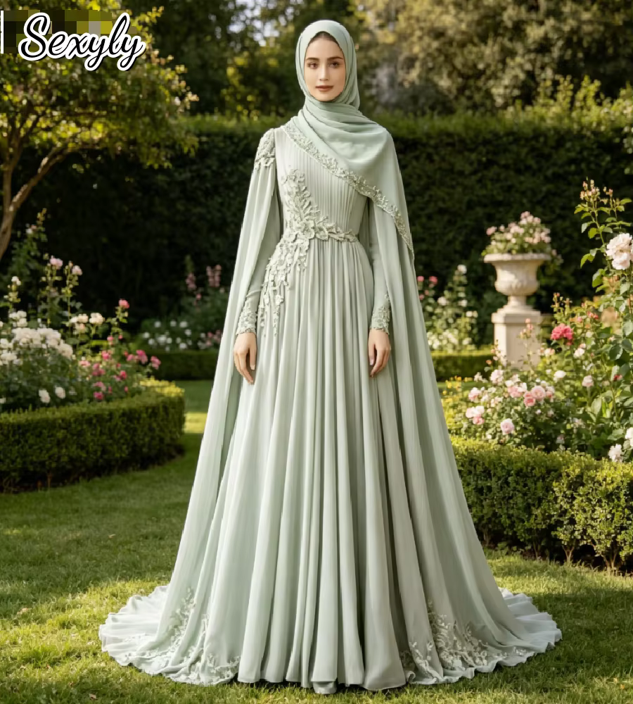 Robe de soirée Abaya musulmane vert sauge, de luxe, à manches cape, style marocain, pour bal de prom