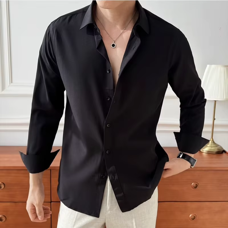 Chemise d'affaires décontractée de couleur unie pour hommes, chemise à manches longues extensible, a