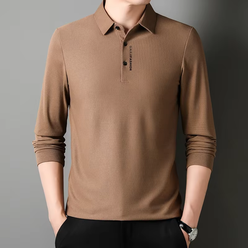 POLO gaufré à manches longues pour hommes avec lettre imprimée revers haut décontracté