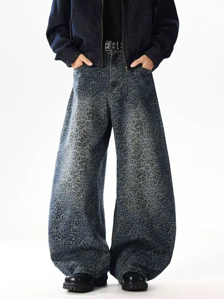 2025 Ropa Y2K mode bleu léopard Baggy nouveaux pantalons en jean pour hommes vêtements jambe large S