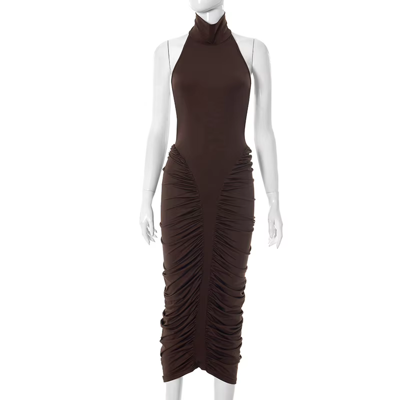 TARUXY licou plissé robe Maxi pour les femmes sans manches Sexy dos nu robe haute rue soirée vêtemen