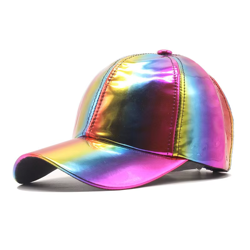 Casquette de baseball holographique arc-en-ciel en cuir PU brillant, casquette snapback pour hommes 