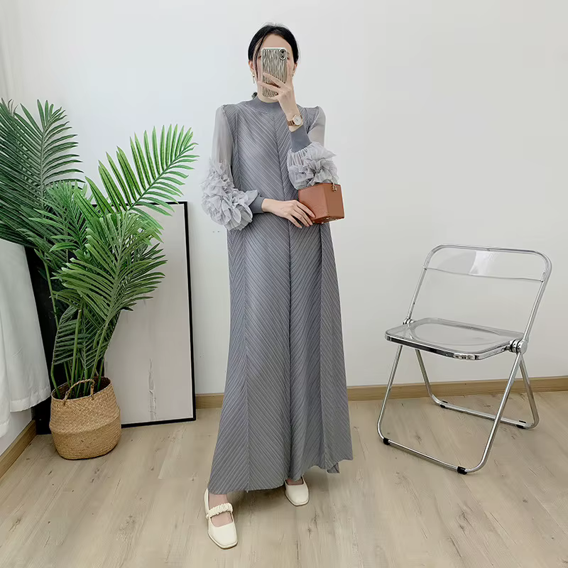 Robe longue plissée avec manches à volants, couleur unie, coupe ample, vêtements de fête pour femmes