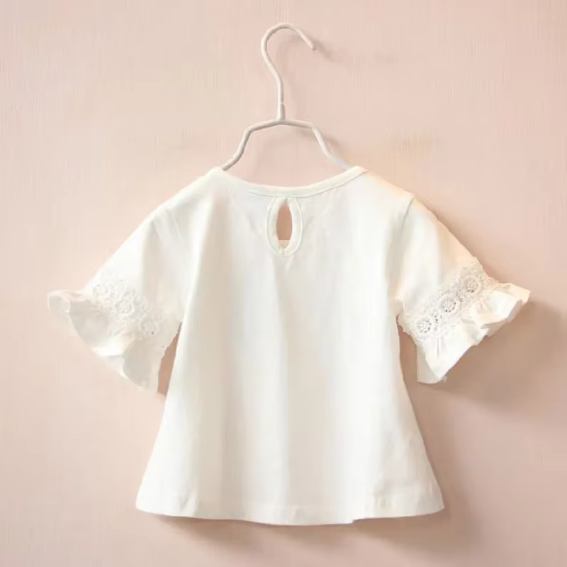 2-6 ans bébé fille T-shirt été col rond dentelle trompette manches enfant coton à manches courtes T-