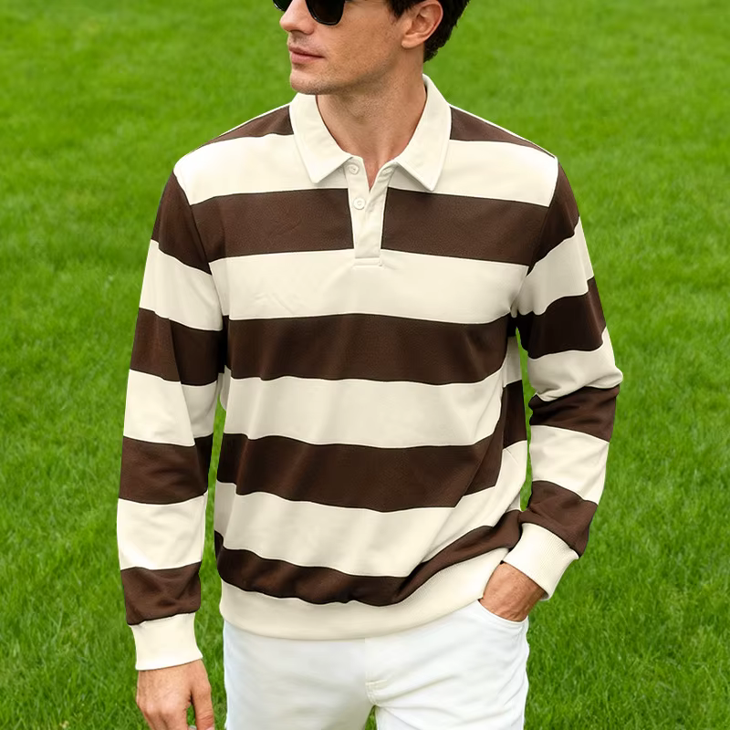 Polo de rugby rayé pour hommes, chemise à col à manches longues, décontracté, école, sports de plein