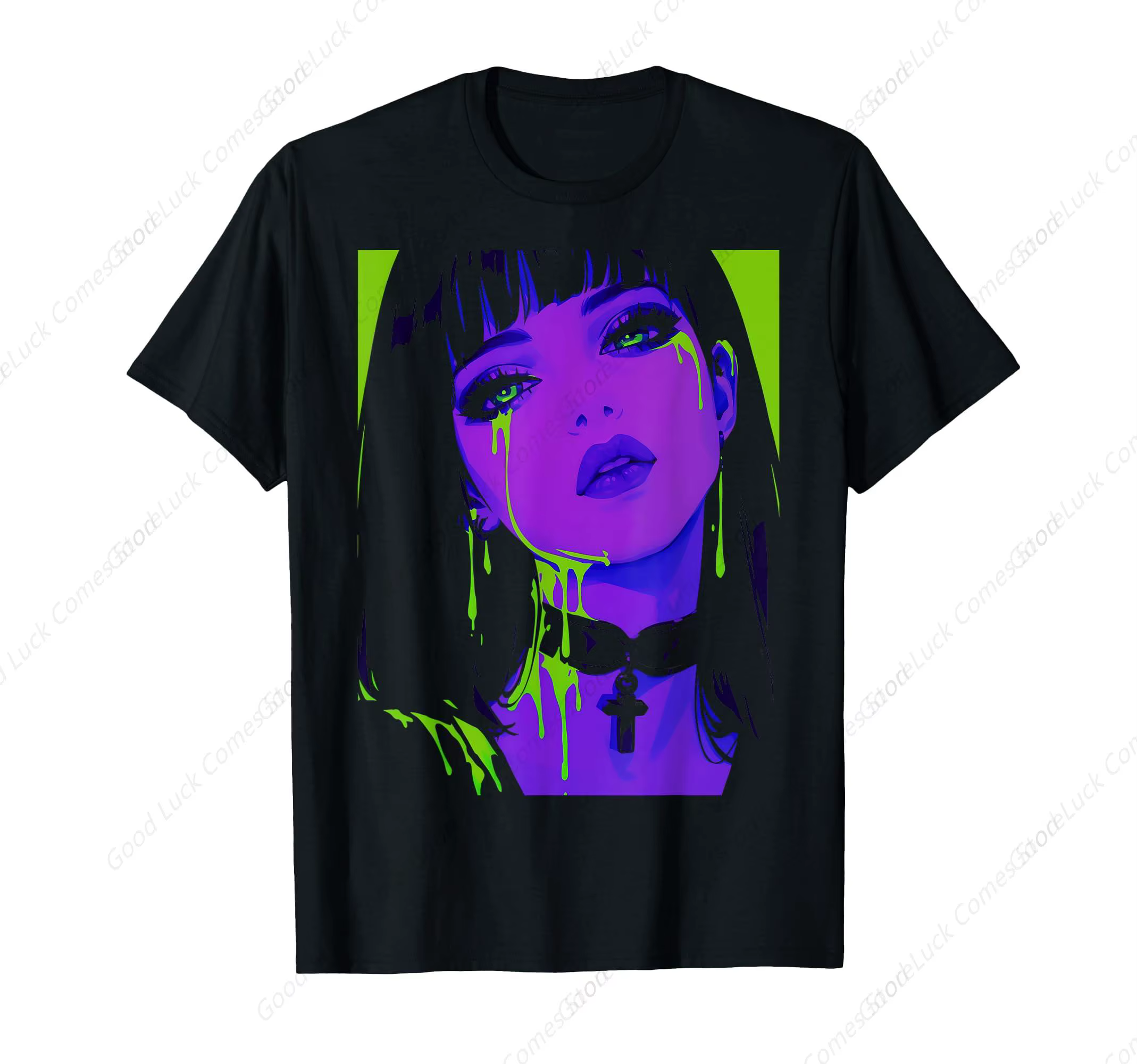 Cyberpunk Neon Girl T-shirt - T-shirt gothique tendance Street Art Graphic, haut décontracté en coto