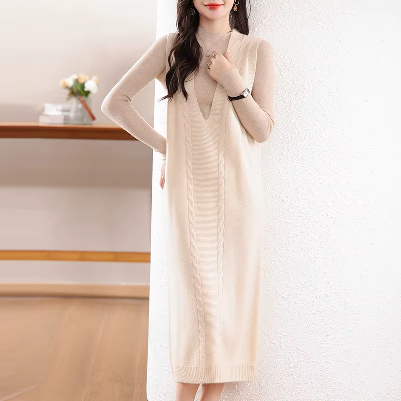 Robe en laine mérinos pour femme, motif, élégant, fibre, avec col en V, chaud, glaçure longue, vêtem