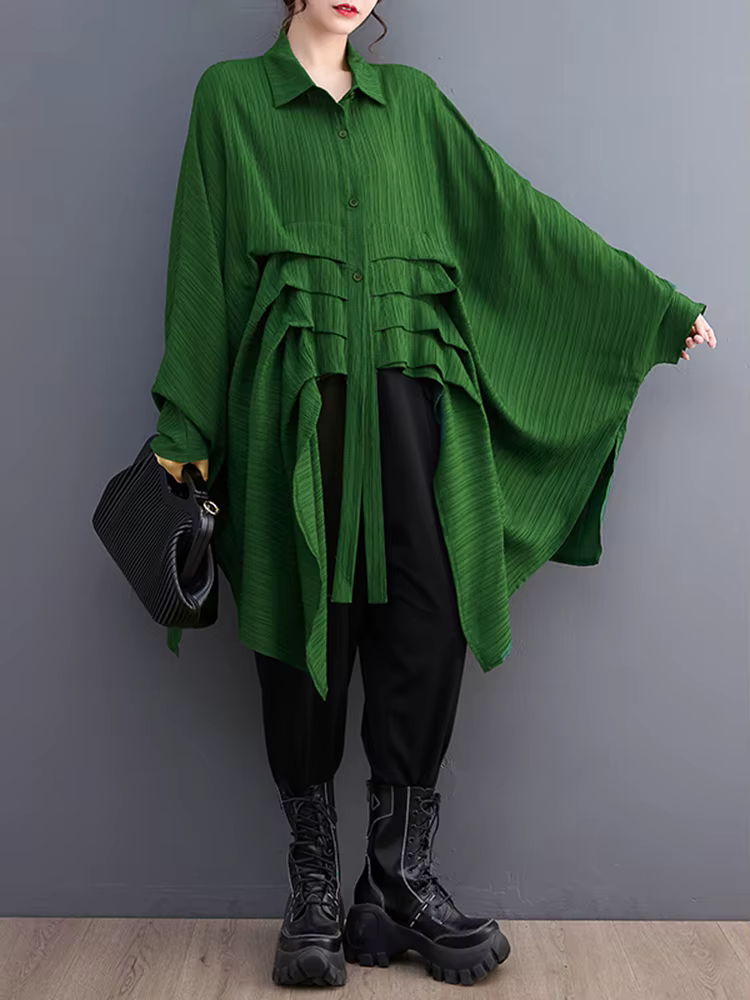 Chemisier ample décontracté vert vintage irrégulier pour femme, nouveau modèle à revers et manches l