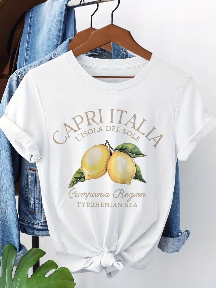 T-shirt imprimé Capri Italia, surdimensionné, rétro, drôle, motif citron, manches courtes, col rond,
