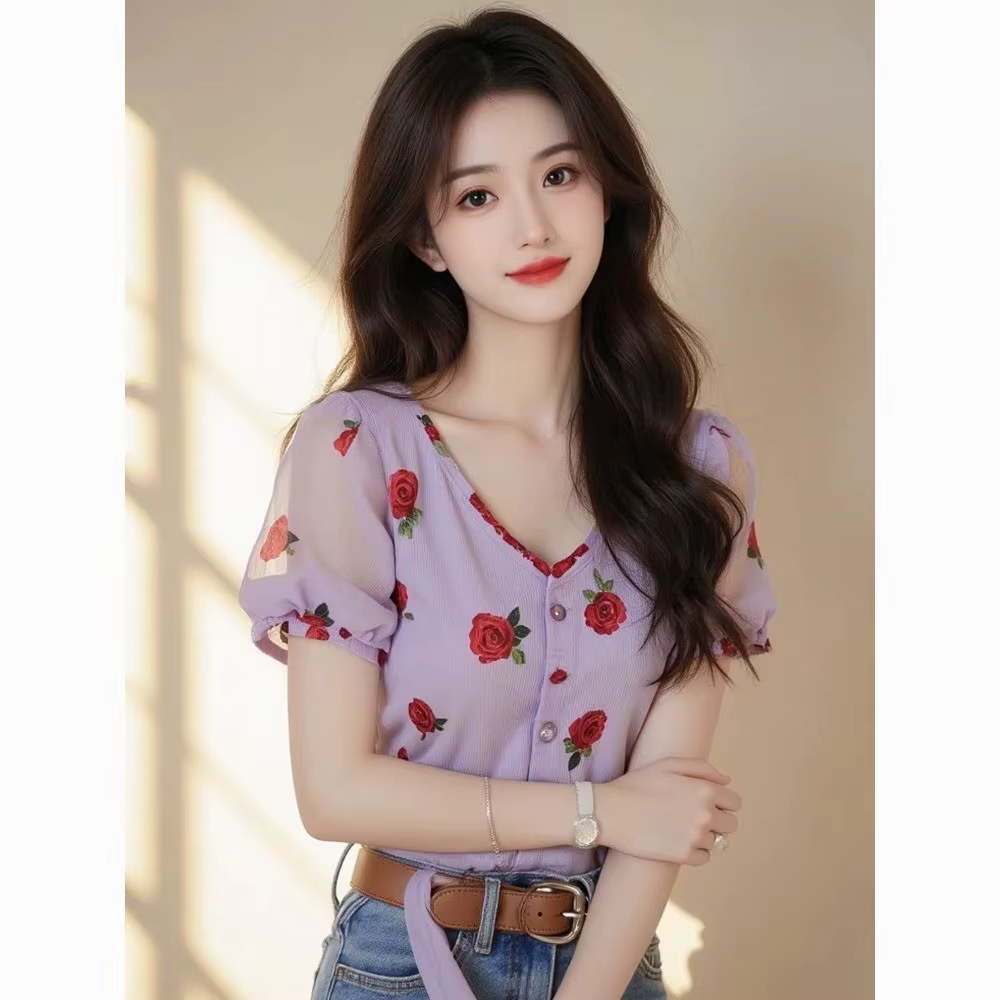 Chemise à manches courtes et col en v pour femmes, imprimé Rose violette, haut de tempérament à manc