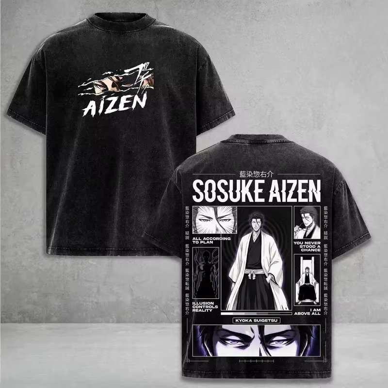 T-shirt Unisexe Aizen Sousuke BLEACH Manga pour Hommes et Femmes, T-shirt Vintage Lavé, Décontracté,