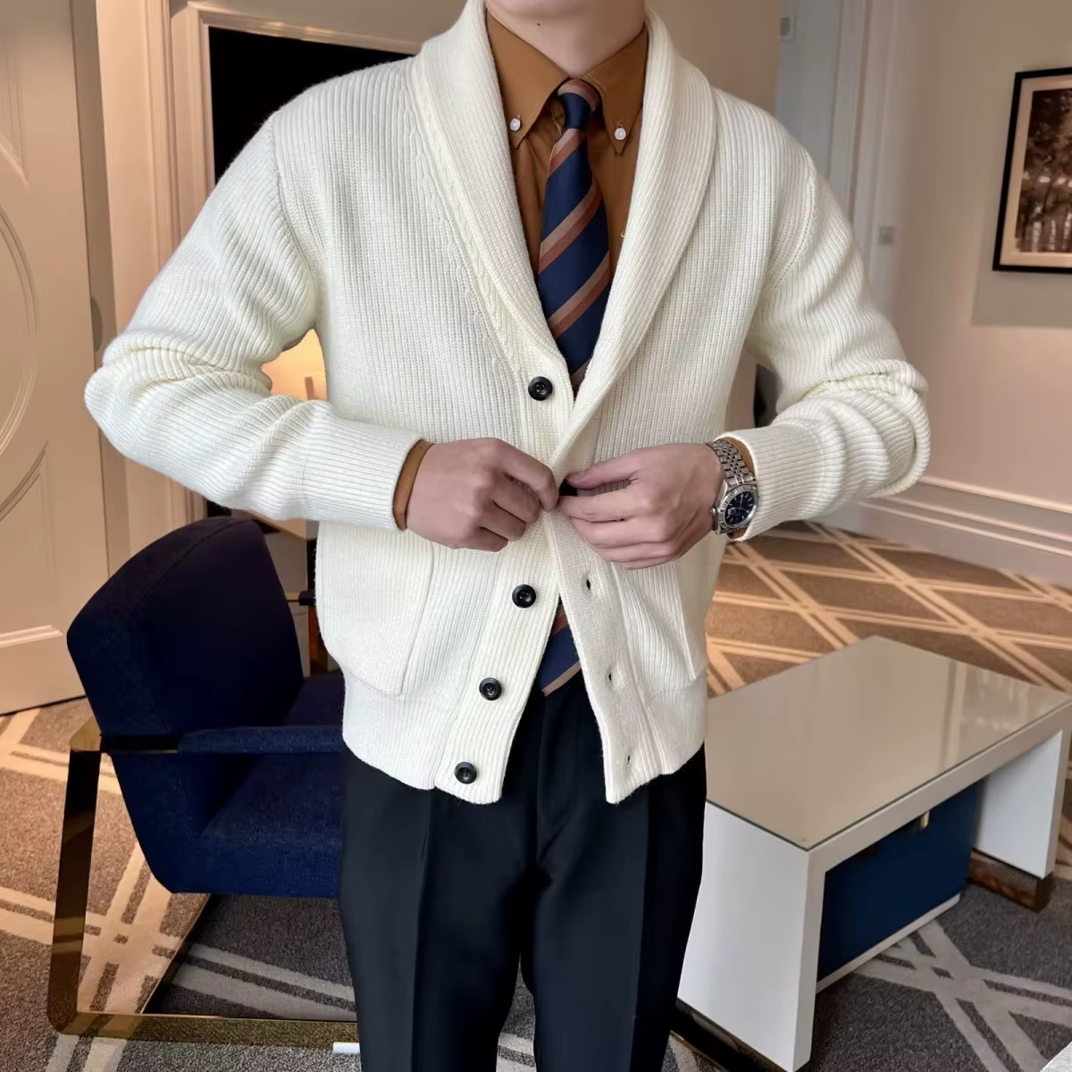 Veste cardigan à col en V pour hommes, pull en tricot pour hommes, manteau à carreaux élégant, manch