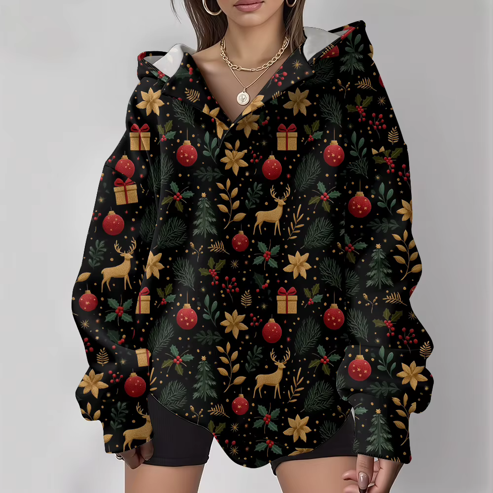 Sweat à capuche surdimensionné décontracté pour femme, pull à motif de flocon de neige avec col raba