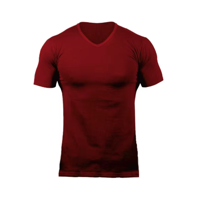 Nouvelle mode col en v T-shirt hommes coton coupe ajustée à manches courtes T-shirt mâle Fitness ent