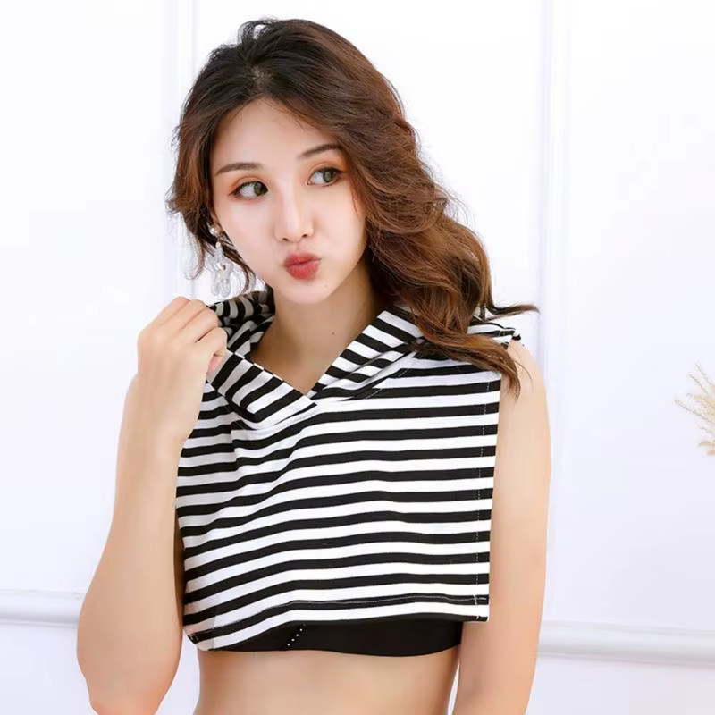 39BB – Faux col à capuche rayé, extensible, détachable, demi-haut, chemisier avec chapeau, pour femm