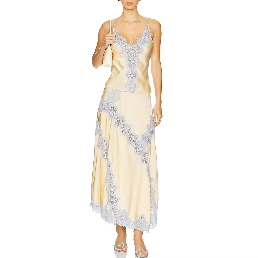 Femmes voir à travers la dentelle Patchwork jupe deux pièces ensemble Sexy col en v Spaghetti sangle