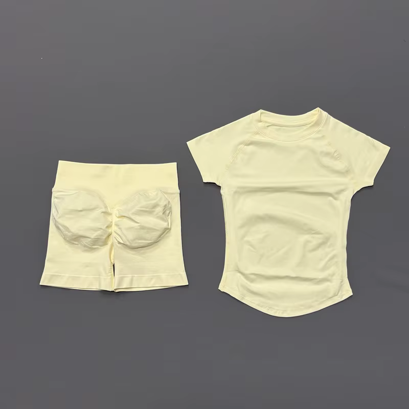 Ensemble de sport 2 pièces pour femme : Haut de yoga sans couture à manches courtes et short de spor