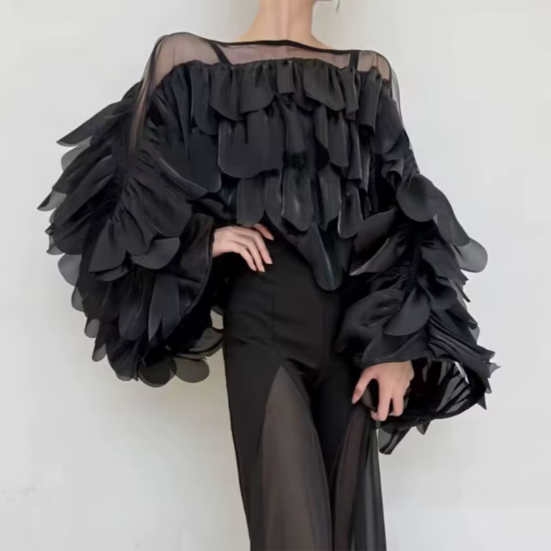 Vêtements coréens Chic en maille à volants pour femmes, amples, col rond, célébrité, luxe, hauts ten