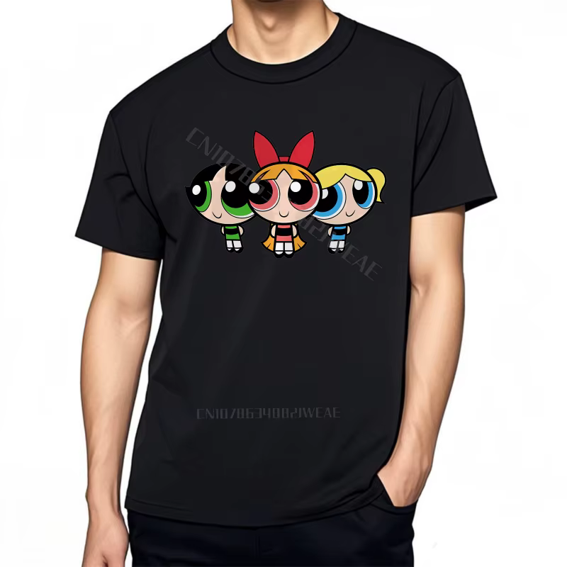 Teeshirts graphique coton T-shirt Powerpuff filles personnages de dessins animés noir couleur unie T