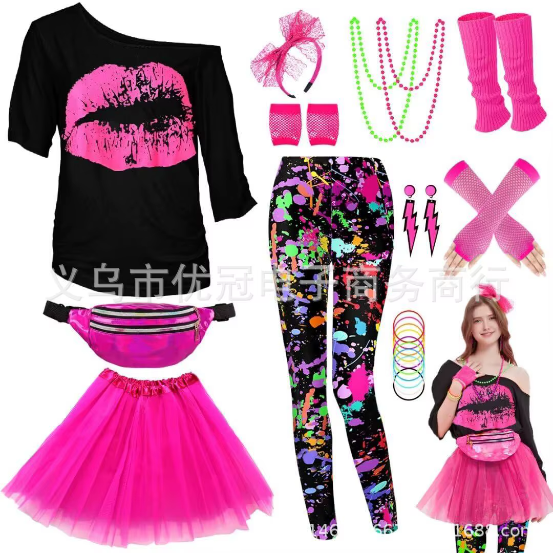 Ensemble d'accessoires de Costume de Cosplay pour femmes des années 80, Costume de fête rétro d'hall